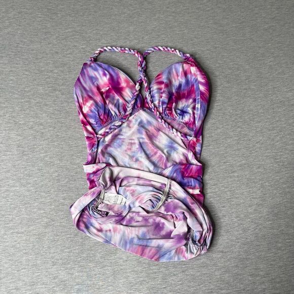 GUESS Women’s Tie-Dye Open Back Knotted Racerback Padded Plunge Top - Picture 3 of 12